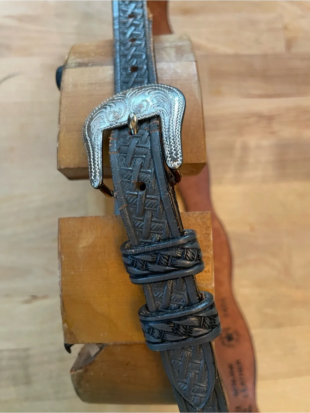 Embossed Gray Leather Western Belt with Ornate Silver Buckle 32.5 in